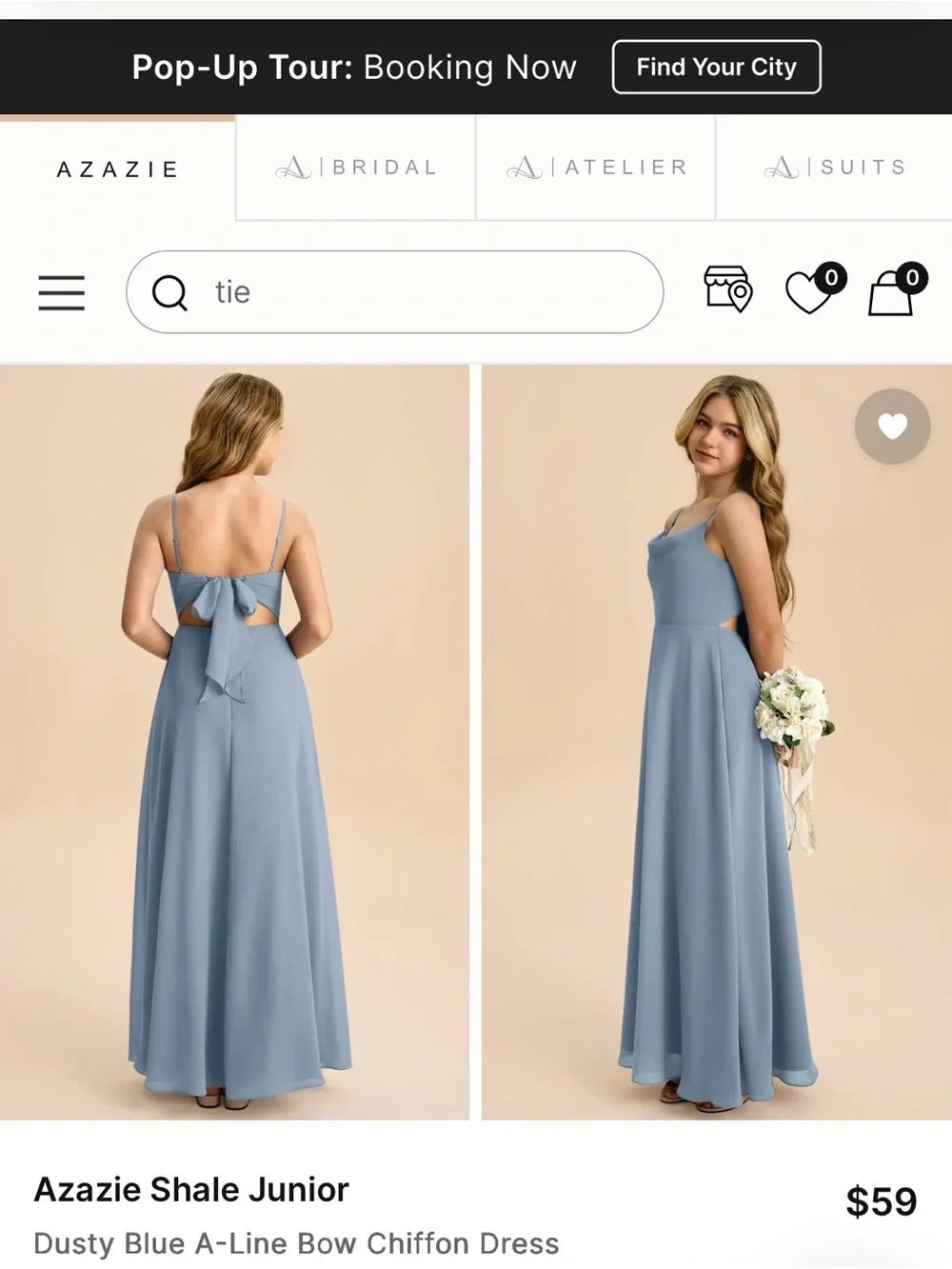 Azazie Shale Dusty Blue Chiffon A-Line Dress with Back Bow